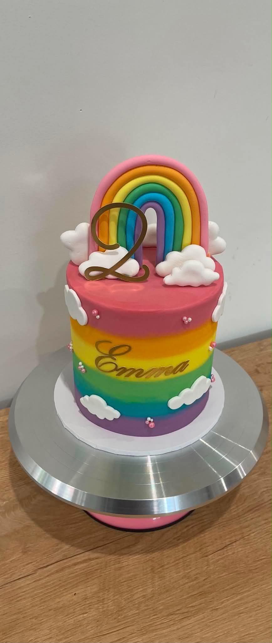 Rainbow 2nd birthday cake with clouds for Emma